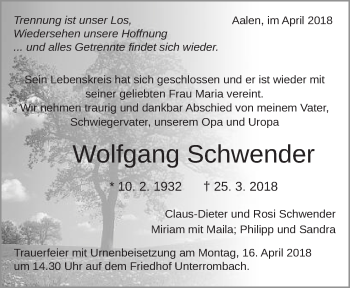 Traueranzeige von Wolfgang Schwender von Schwäbische Post