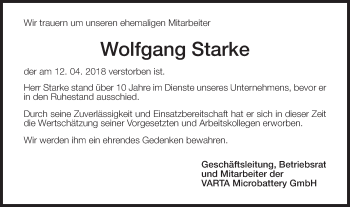 Traueranzeige von Wolfgang Starke von Schwäbische Post