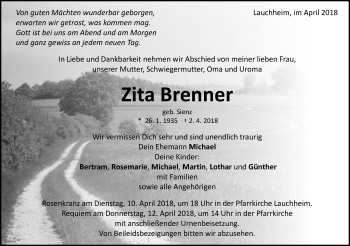Traueranzeige von Zita Brenner von Schwäbische Post