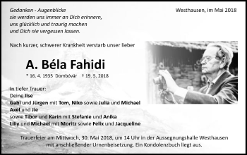 Traueranzeige von A. Béla Fahidi von Schwäbische Post