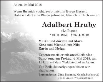 Traueranzeige von Adalbert Hruby von Schwäbische Post