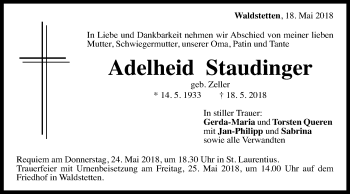 Traueranzeige von Adelheid Staudinger von Gmünder Tagespost