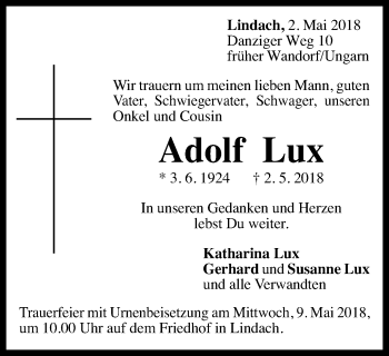 Traueranzeige von Adolf Lux von Gmünder Tagespost