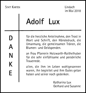Traueranzeige von Adolf Lux von Gmünder Tagespost