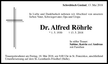 Traueranzeige von Alfred Röhrle von Gmünder Tagespost