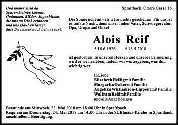 Traueranzeige von Alois Reif von Gmünder Tagespost