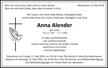Traueranzeige von Anna Alender von Schwäbische Post