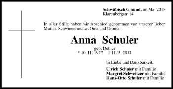 Traueranzeige von Anna Schuler von Gmünder Tagespost