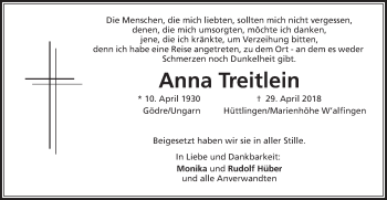 Traueranzeige von Anna Treitlein von Schwäbische Post