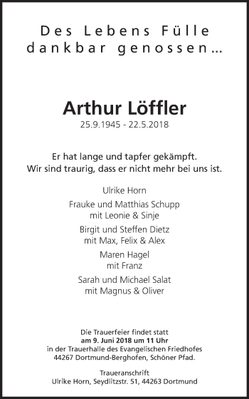 Traueranzeige von Arthur Löffler von Schwäbische Post