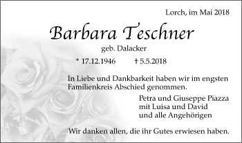 Traueranzeige von Barbara Teschner von Gmünder Tagespost