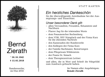 Traueranzeige von Bernd Zierath von Schwäbische Post