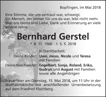 Traueranzeige von Bernhard Gerstel von Schwäbische Post