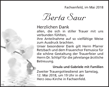 Traueranzeige von Berta Saur von Schwäbische Post