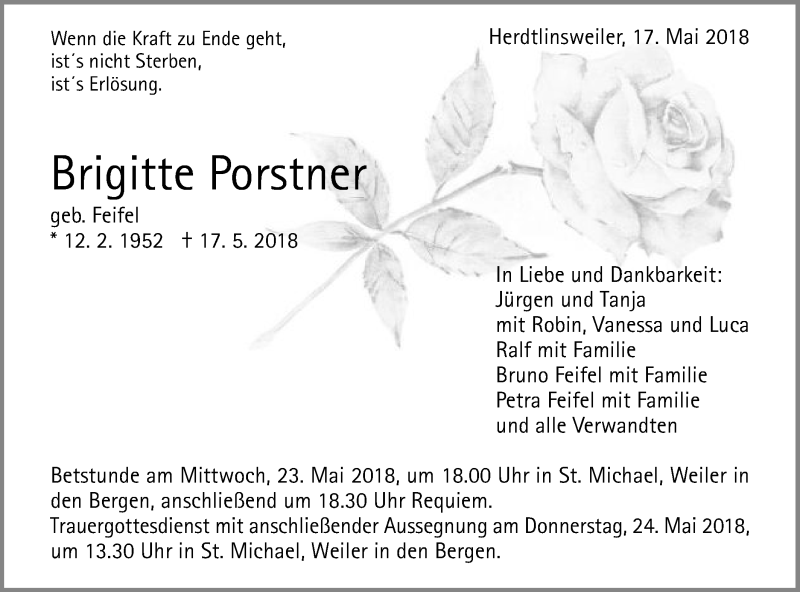  Traueranzeige für Brigitte Porstner vom 19.05.2018 aus Gmünder Tagespost