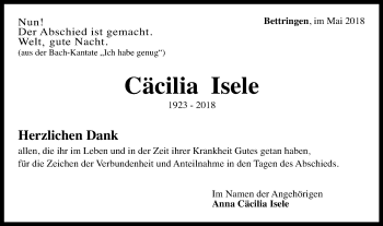 Traueranzeige von Cäcilia Isele von Gmünder Tagespost