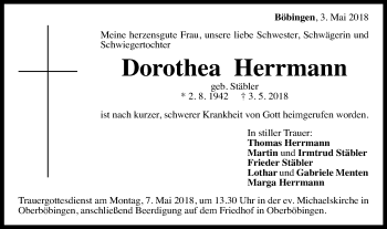 Traueranzeige von Dorothea Herrmann von Gmünder Tagespost