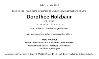 Traueranzeige von Dorothee Holzbaur von Schwäbische Post