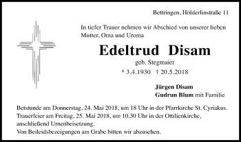 Traueranzeige von Edeltrud Disam von Gmünder Tagespost