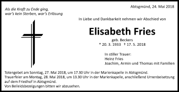 Traueranzeige von Elisabeth Fries von Schwäbische Post