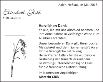 Traueranzeige von Elisabeth Gläß von Schwäbische Post