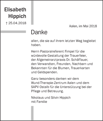 Traueranzeige von Elisabeth Hippich von Schwäbische Post