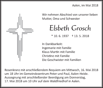 Traueranzeige von Elsbeth Grosch von Schwäbische Post