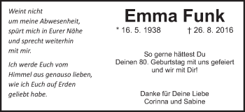 Traueranzeige von Emma Funk von Schwäbische Post