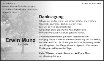 Traueranzeige von Erwin Munz von Schwäbische Post