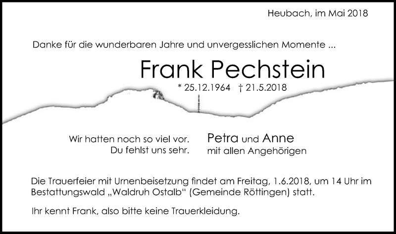  Traueranzeige für Frank Pechstein vom 26.05.2018 aus Gmünder Tagespost