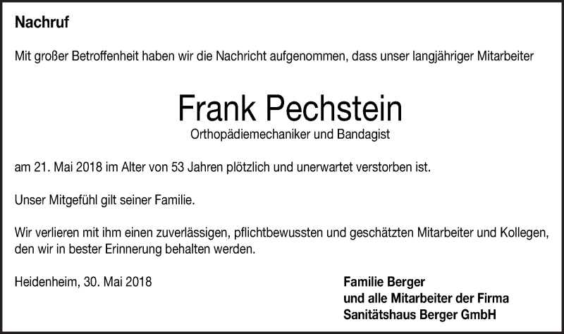  Traueranzeige für Frank Pechstein vom 30.05.2018 aus Gmünder Tagespost