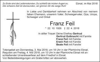 Traueranzeige von Franz Feil von Schwäbische Post