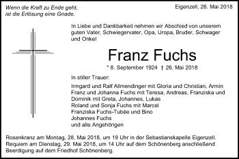 Traueranzeige von Franz Fuchs von Schwäbische Post