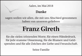 Traueranzeige von Franz Gireth von Schwäbische Post