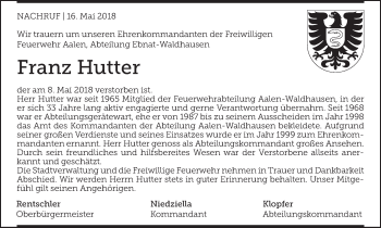 Traueranzeige von Franz Hutter von Schwäbische Post