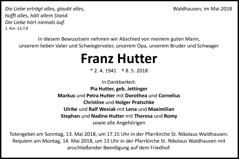  Traueranzeige für Franz Hutter vom 11.05.2018 aus Schwäbische Post