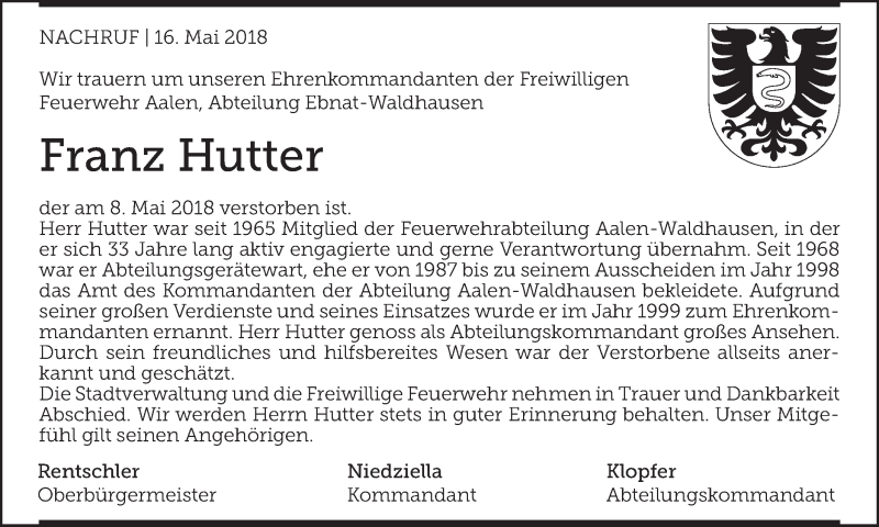  Traueranzeige für Franz Hutter vom 16.05.2018 aus Schwäbische Post