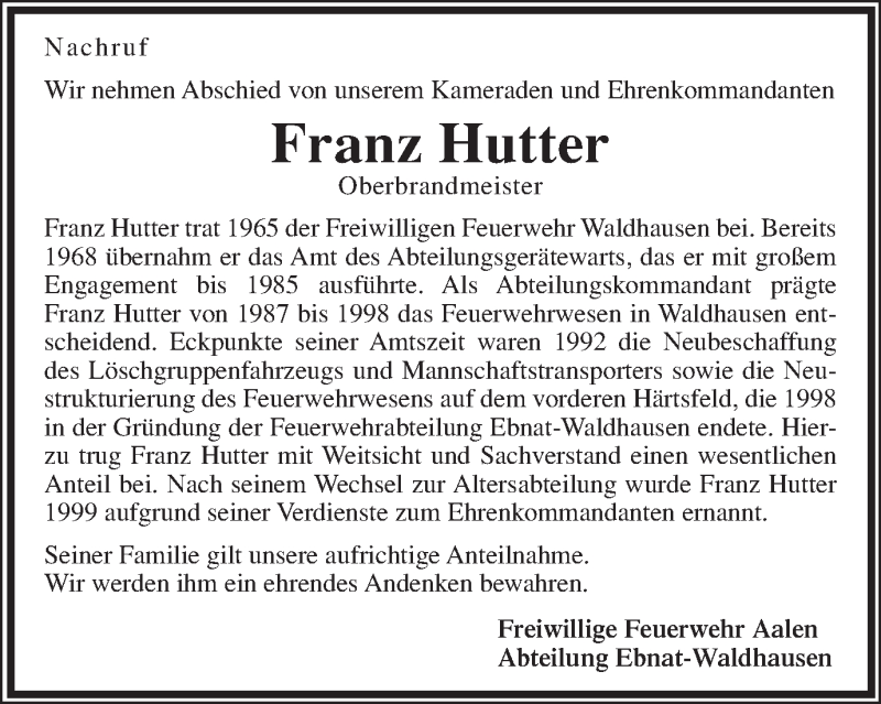  Traueranzeige für Franz Hutter vom 14.05.2018 aus Schwäbische Post