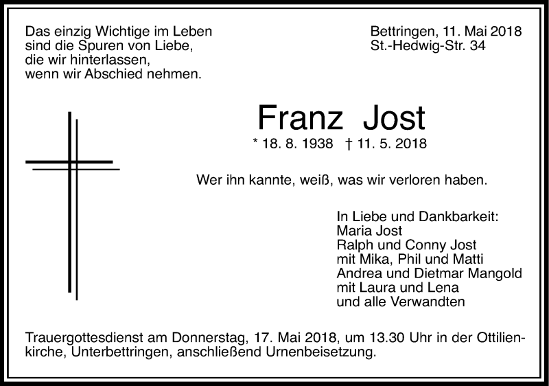  Traueranzeige für Franz Jost vom 14.05.2018 aus Gmünder Tagespost
