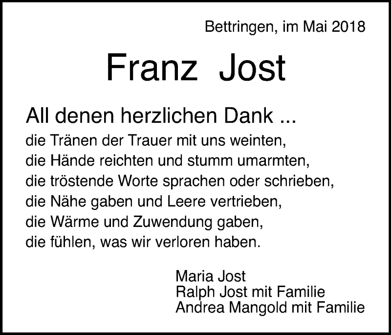  Traueranzeige für Franz Jost vom 29.05.2018 aus Gmünder Tagespost