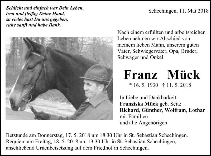  Traueranzeige für Franz Mück vom 16.05.2018 aus Gmünder Tagespost