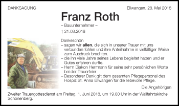 Traueranzeige von Franz Roth von Schwäbische Post