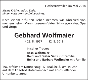 Traueranzeige von Gebhard Wolfmaier von Schwäbische Post