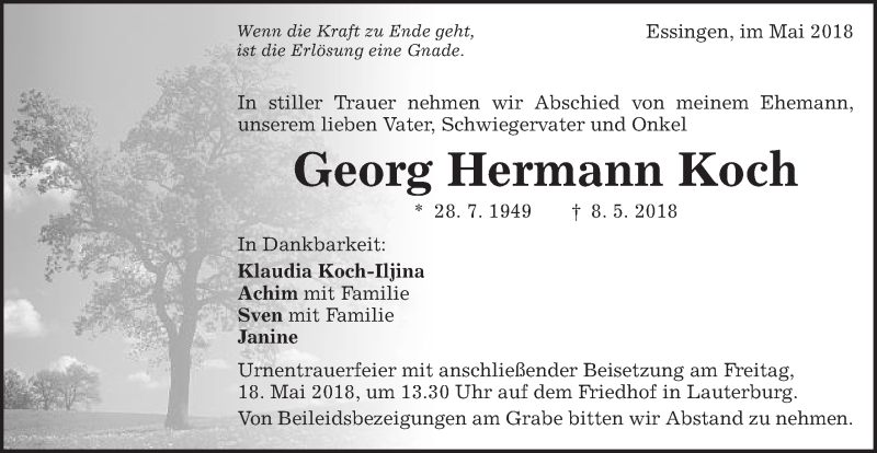  Traueranzeige für Georg Hermann Koch vom 16.05.2018 aus Schwäbische Post