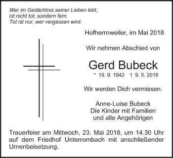 Traueranzeige von Gerd Bubeck von Schwäbische Post