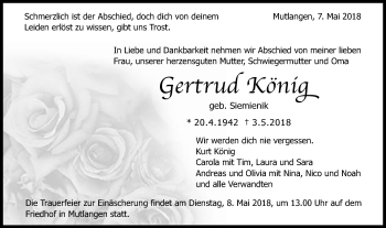 Traueranzeige von Gertrud König von Gmünder Tagespost