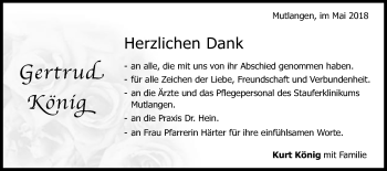 Traueranzeige von Gertrud König von Gmünder Tagespost