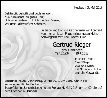 Traueranzeige von Gertrud Rieger von Gmünder Tagespost