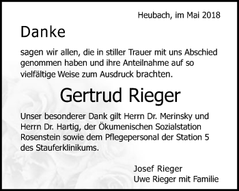 Traueranzeige von Gertrud Rieger von Gmünder Tagespost