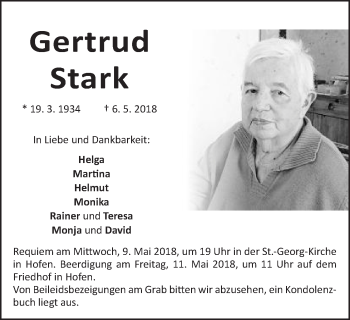 Traueranzeige von Gertrud Stark von Schwäbische Post